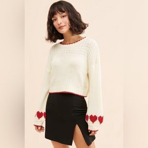 Anthropologie Cream Knit Sweater with Red Heart Trim